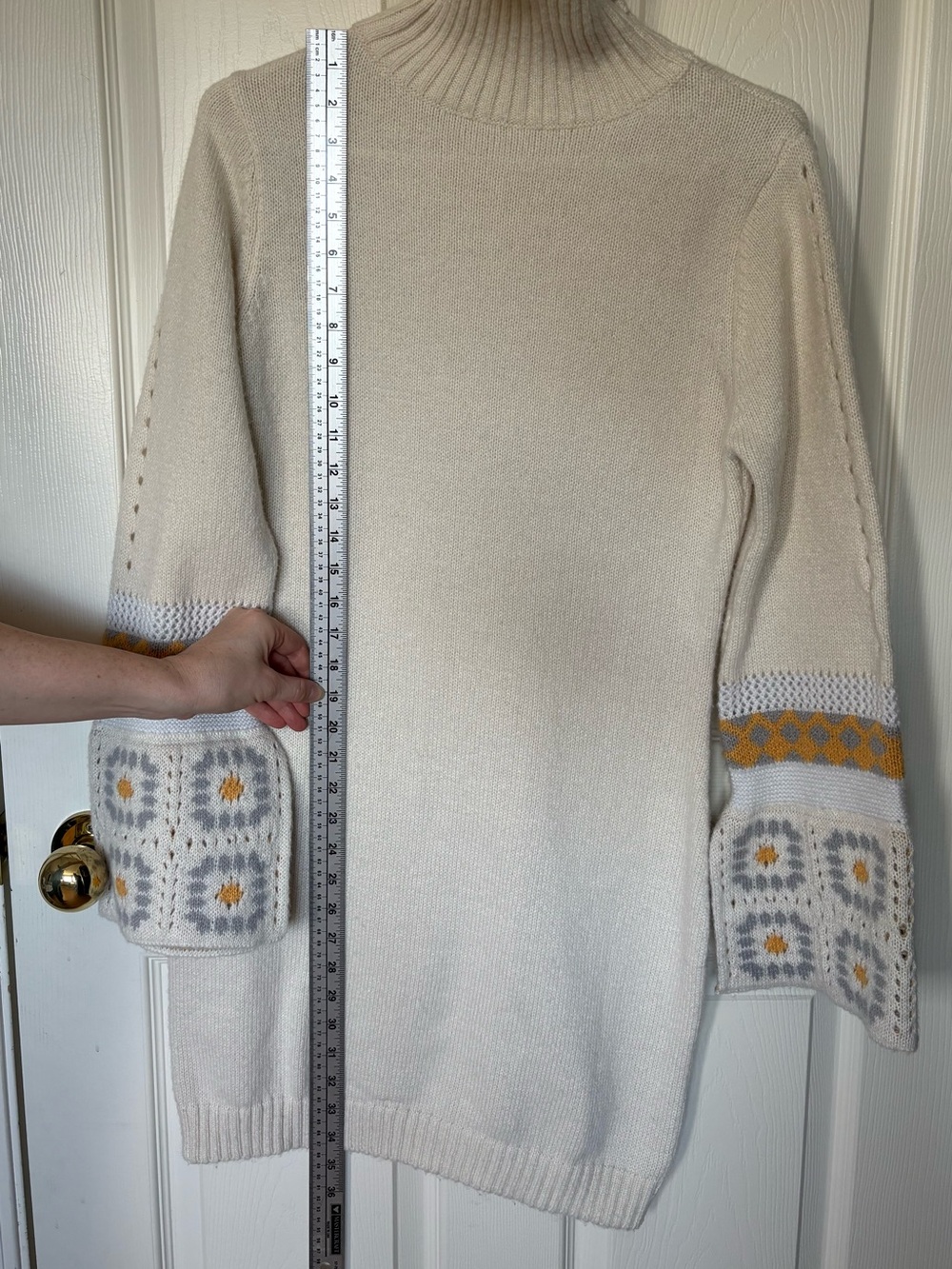 Boho Retro Cottagecore Cream Turtleneck Sweater Dress Bell Sleeve - Picture 12 of 12